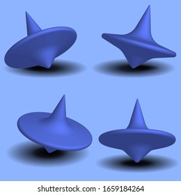 children's toy spinning top in different positions, 3D illustration, isolated