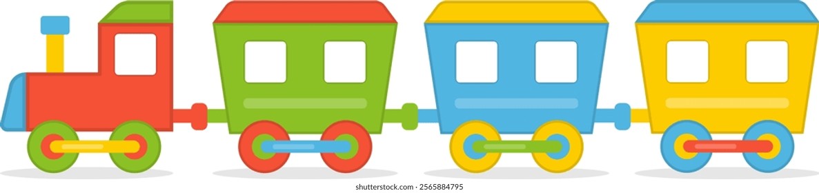 Children's toy steam locomotive, toy steam locomotive with carriages isolated on white background. Vector, cartoon illustration. Vector.