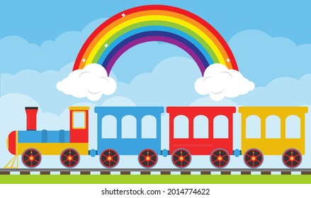 Children's toy train with carriages against the blue sky. Toy railroad with train. Vector, cartoon illustration. Vector.