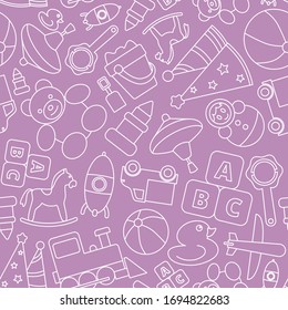 Children's toy - Vector background (seamless pattern) of bear, ball, horse, car, train, duck, blocks and doll for graphic design