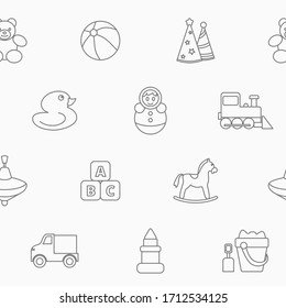 Children's toy - Vector background (seamless pattern) of bear, ball, horse, car, train, duck, blocks and doll for graphic design