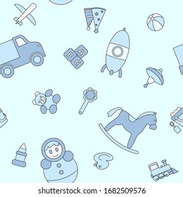 Children's toy - Vector color background (seamless pattern) of bear, ball, horse, truck, train, duck, blocks and doll for graphic design