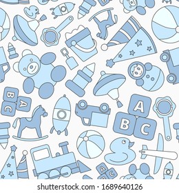 Children's toy - Vector color background (seamless pattern) of bear, ball, horse, car, train, duck, blocks and doll for graphic design