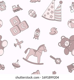 Children's toy - Vector color background (seamless pattern) of bear, ball, horse, car, train, duck, blocks and doll for graphic design