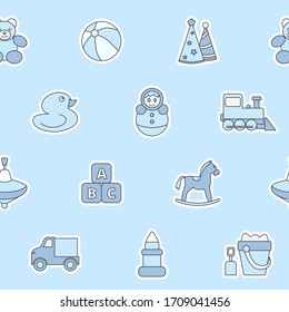 juguete infantil - Fondo de color vectorial (patrón transparente) de oso, bola, caballo, camión, tren, pato, bloques y muñeca para diseño gráfico
