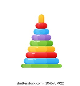 Children's toys, and accessories. Baby pyramid , colorful. Pyramid of multi-colored plastic rings, developing logical kid`s cartoon toys for ingenuity. Vector illustration isolated.