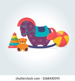 Children's toys. Ball, teddy bear, rocking horse and pyramid toy on gray background. Vector illustration