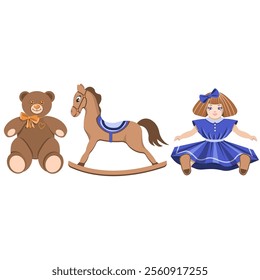 Children's toys bear,rocking horse,doll isolated on a white background.Vector illustration of toys for children.