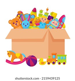 Children's toys in a box. Collected inventory for games and entertainment.