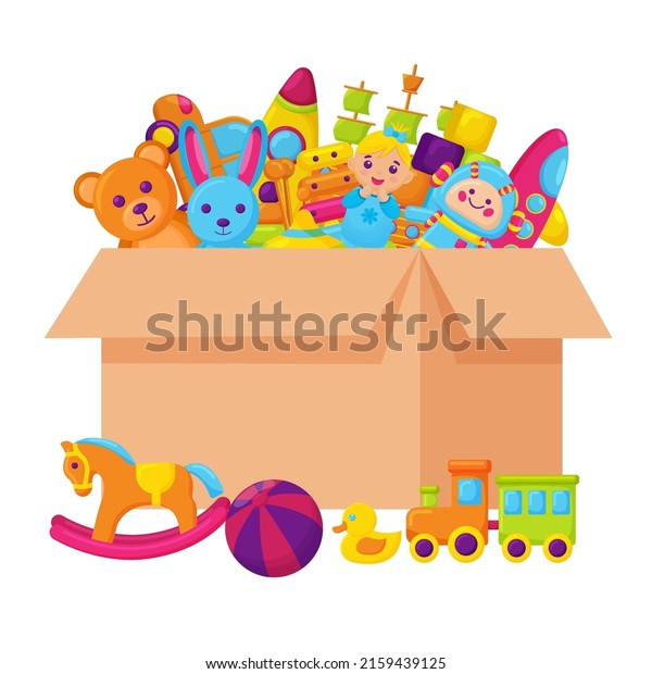 Children\'s toys in a box. Collected\
inventory for games and\
entertainment.