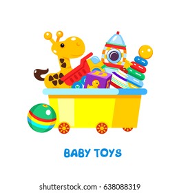 Children's toys in a box. Vector illustration, isolated on white background. In box giraffe, pyramid, rocket, truck, dice, ball, top.