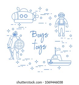 Children's toys for the boy: knight with shield and sword, submarine, diver, ship. Design element for postcard, banner or print.