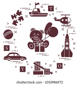 Children's toys: car, bear, ship, helicopter, rocket, designer, ball, puzzle, cubes, gift, balloons. Design for poster or print.