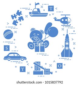 Children's toys: car, bear, ship, helicopter, rocket, designer, ball, puzzle, cubes, gift, balloons. Design for poster or print.