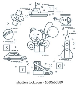 Children's toys: car, bear, ship, helicopter, rocket, designer, ball, puzzle, cubes, gift, balloons. Design for poster or print.