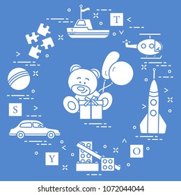 Children's toys: car, bear, ship, helicopter, rocket, designer, ball, puzzle, cubes, gift, balloons. Design for poster or print.
