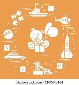 Children's toys: car, bear, ship, helicopter, rocket, designer, ball, puzzle, cubes, gift, balloons. Design for poster or print.