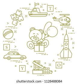 Children's toys: car, bear, ship, helicopter, rocket, designer, ball, puzzle, cubes, gift, balloons. Design for poster or print.