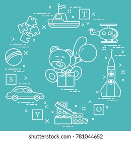 Children's toys: car, bear, ship, helicopter, rocket, designer, ball, puzzle, cubes, gift, balloons. Design for poster or print.