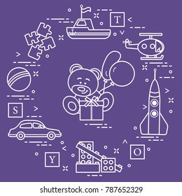 Children's toys: car, bear, ship, helicopter, rocket, designer, ball, puzzle, cubes, gift, balloons. Design for poster or print.