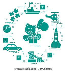 Children's toys: car, bear, ship, helicopter, rocket, designer, ball, puzzle, cubes, gift, balloons. Design for poster or print.