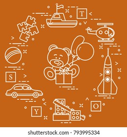 Children's toys: car, bear, ship, helicopter, rocket, designer, ball, puzzle, cubes, gift, balloons. Design for poster or print.