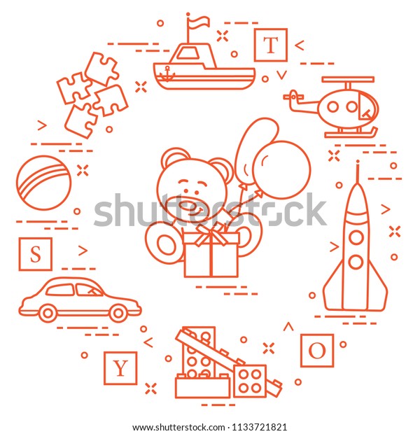 Children\'s toys: car, bear, ship, helicopter,\
rocket, designer, ball, puzzle, cubes, gift, balloons. Design for\
poster or print.