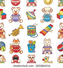 Children's Toys cartoon seamless vector Pattern drum, yellow duckling, childrens cubes, kindergarten, tumbler, bear, trombone, childrens toys, musical instruments, bucket, scoop, rake, duckling, beach