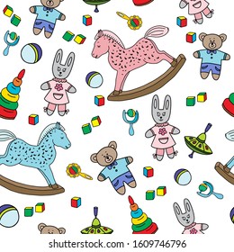 Children's toys cartoon vector icons. Pattern with kid's things, objects on a white background. Endless textures for your design, greeting cards, ads, posters, textiles.