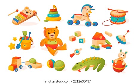 Children's toys collection. Teddy bear, ball, cubes, wooden toys. Cartoon style