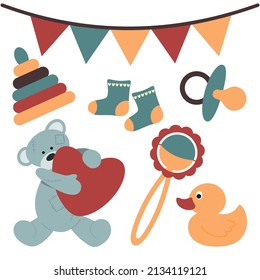 children's toys colorful collection, pacifier and garland