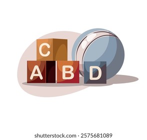 Childrens toys concept. Wooden toy blocks with letters and ball on white background