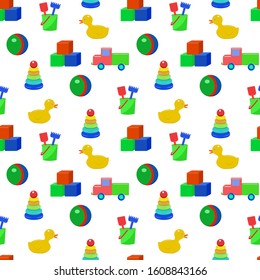 Children's toys in flat style. Seamless vector pattern. Children's toys isolated image on a white background. Seamless baby pattern for decoration, fabric, Wallpaper, packaging