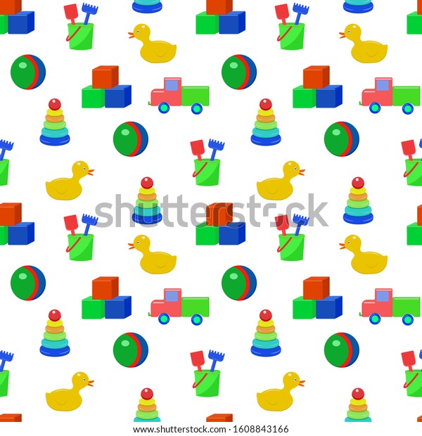 Children\'s toys\
in flat style. Seamless vector pattern. Children\'s toys isolated\
image on a white background. Seamless baby pattern for decoration,\
fabric, Wallpaper,\
packaging
