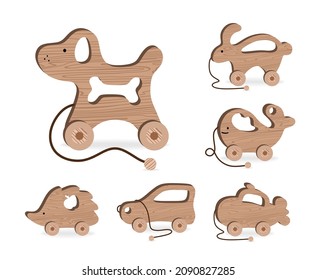 Childrens Toys for Childrens Games and entertainment Set Wooden Dog Rabbit Whale Hedgehog Car Submarine Vector illustration