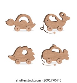 Childrens toys for Childrens Games and Entertainment set Wooden Hedgehog Hippo Whale Submarine Turtle Vector Illustration