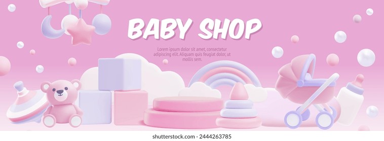 Children's toys for girls, 3D vector set on a pink background. Includes playful elements to decorate cards, greetings and invitations with space for text.