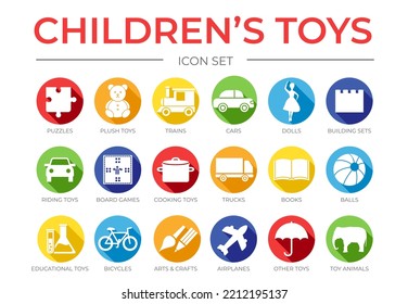 Children's Toys Icon Set With Puzzle, Plush, Train And Car, Board Game, Dolls, Book, Balls, Educational, Tractor, Bicycle, Plane, Animals, Other And Group Game Colorful Isolated Icons