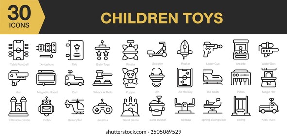 Children's toys icon sets. Includes tale, castle, puppet, board, piano, skate, and More. Outline icons vector collection.