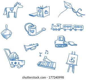Children's toys icons, train, digger, dolly, horse, hand drawn sketch vector illustration