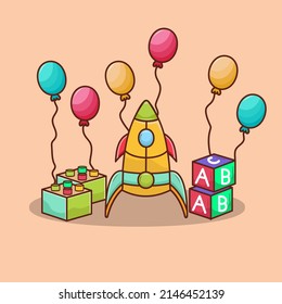 children's toys include rockets and letter boxes and balloons for birthdays