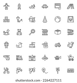 Children's toys line icons set. Kids game linear style symbols collection, outline signs pack. Baby toy vector graphics. Set includes icons as robot, puzzle, baby mobile, humming top, bicycle, car