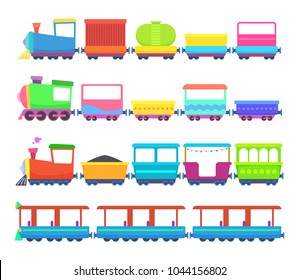 Childrens toys. Miniatures of colored cartoon trains. Locomotive train toy, miniature railroad transportation, childhood model cartoon transport. Vector illustration