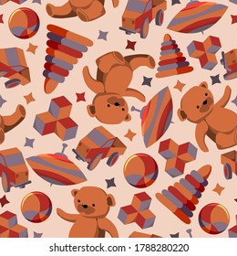 children's toys and multi-colored little stars are randomly arranged on a beige background. cute toy seamless pattern. vector