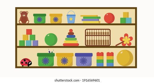 Children's toys on the shelf. Balls, pyramid, boxes, pencils, teddy bear, ladybug, cubes, abacus. Bright children's flat illustration for children's play and development