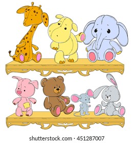 Children's toys on the shelf. Giraffe, hippopotamus, elephant, pig, hedgehog, hare, bear. Plush animals vector