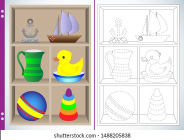 Children's toys on the shelves in the closet. The task for children is to circle objects along the dashed lines and colorize. Training sheet for printing. Vector illustration for coloring book