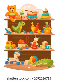 Children's toys on the shelves: teddy bear, ball, car, dinosaur, pony, cubes, drum, wooden toys, pyramid. Cartoon vector illustration.