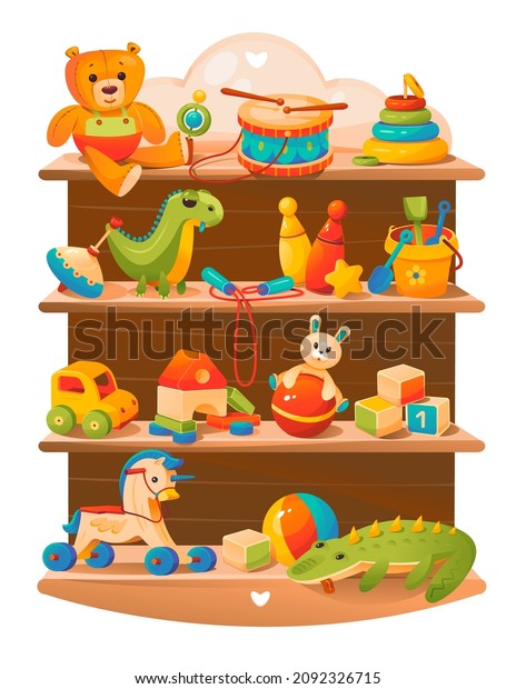 Children\'s toys on the shelves: teddy bear,\
ball, car, dinosaur, pony, cubes, drum, wooden toys, pyramid.\
Cartoon vector\
illustration.