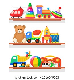 Childrens toys on the shelves. Wood, paper, plastic colorful toys for children, objects for a child to play with. Vector flat style cartoon illustration isolated on white background